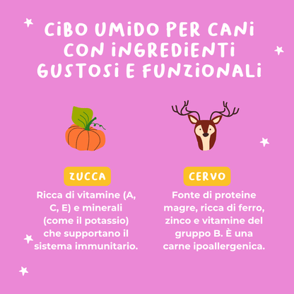 Monoproteico Cervo Selvatico cotto lentamente con Zucca - Cibo Umido Cane - Hygge Pet Food