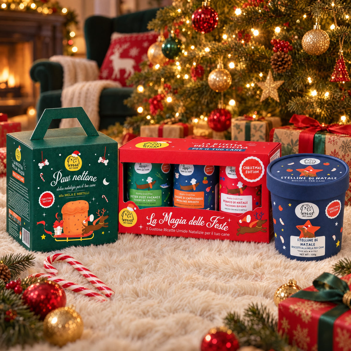 Box di Natale per cani Hygge Pet Food: Paw nettone, La Magia delle Feste e Stelline di Natale sotto l'albero