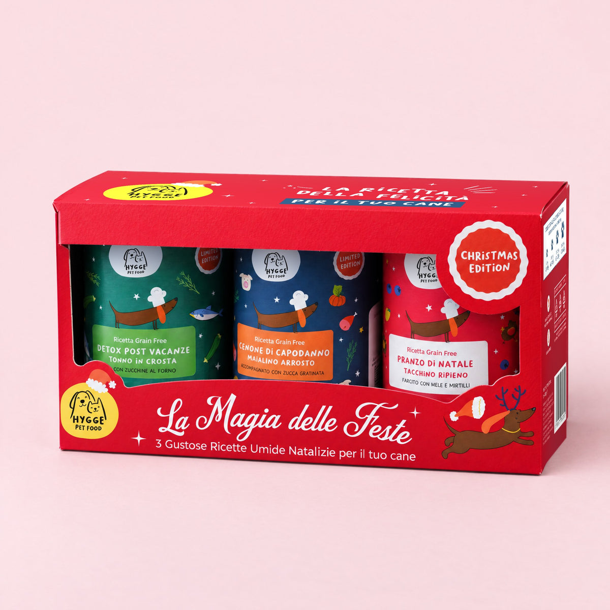 La Magia delle Feste Hygge Pet Food, tre umidi natalizi da 400 g, dentro la Box di Natale