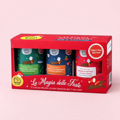 La Magia delle Feste Hygge Pet Food, tre umidi natalizi da 400 g, dentro la Box di Natale