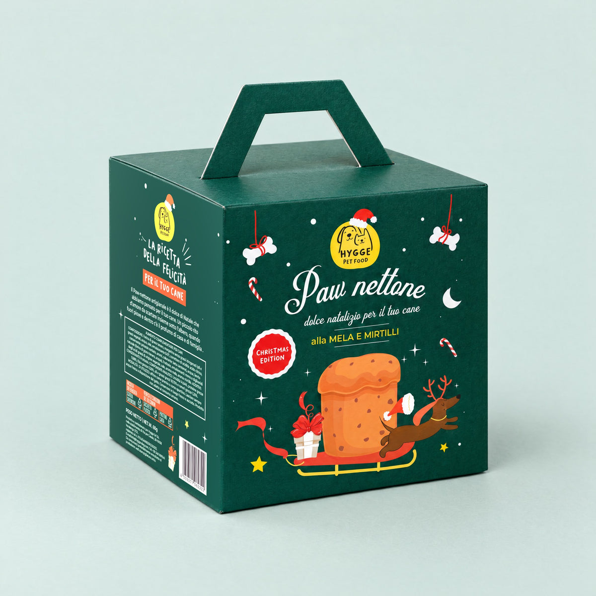 Paw nettone Hygge Pet Food nella confezione regalo verde, dentro la Box di Natale