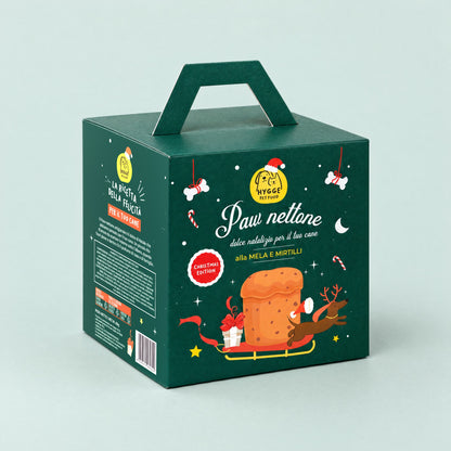 Paw nettone Hygge Pet Food nella confezione regalo verde, dentro la Box di Natale