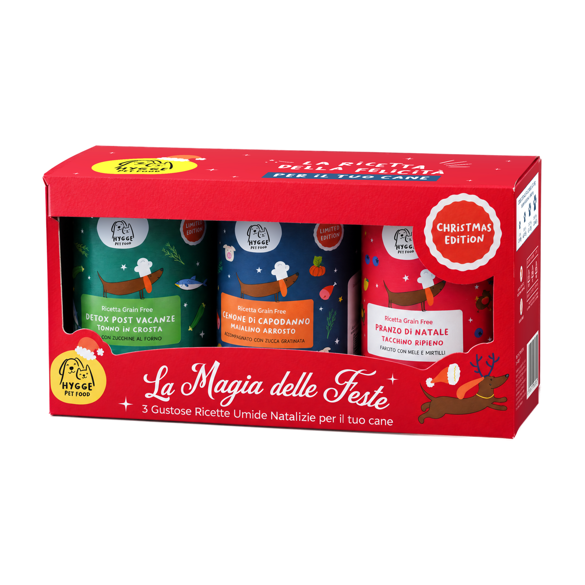 La Magia delle Feste Hygge Pet Food: Pranzo di Natale, Cenone di Capodanno e Detox Post Vacanze, tre lattine da 400 g
