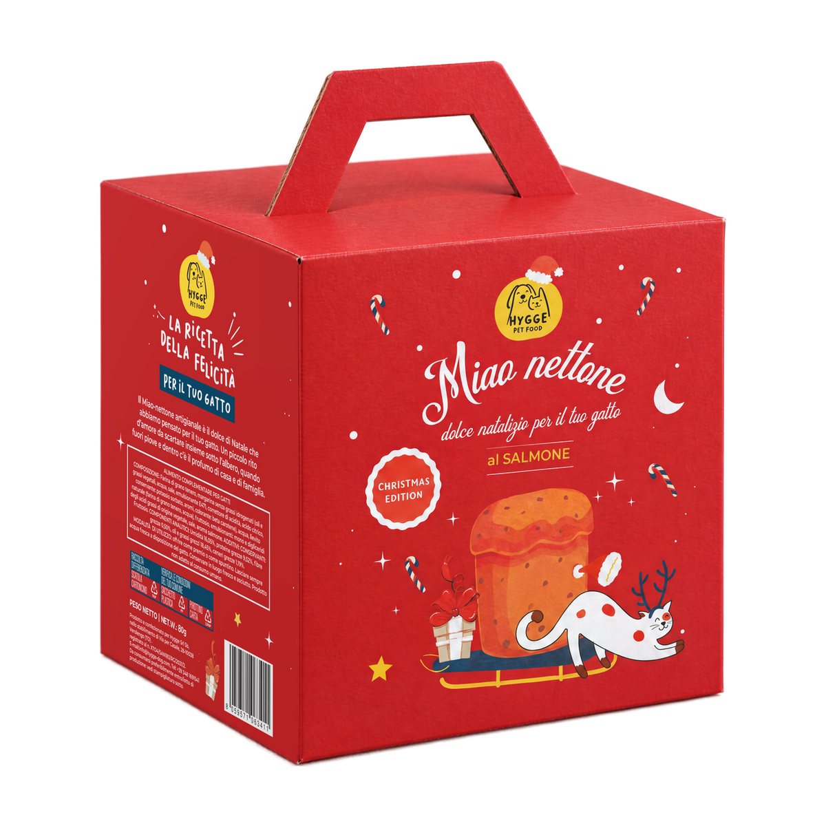 Miao nettone Hygge Pet Food, dolce natalizio per gatti al salmone, astuccio regalo rosso con maniglia