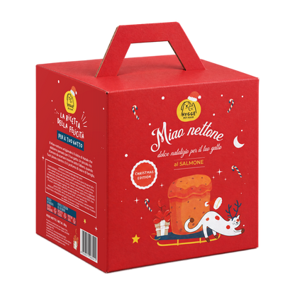 Miao nettone Hygge Pet Food, dolce natalizio per gatti al salmone, astuccio regalo rosso con maniglia