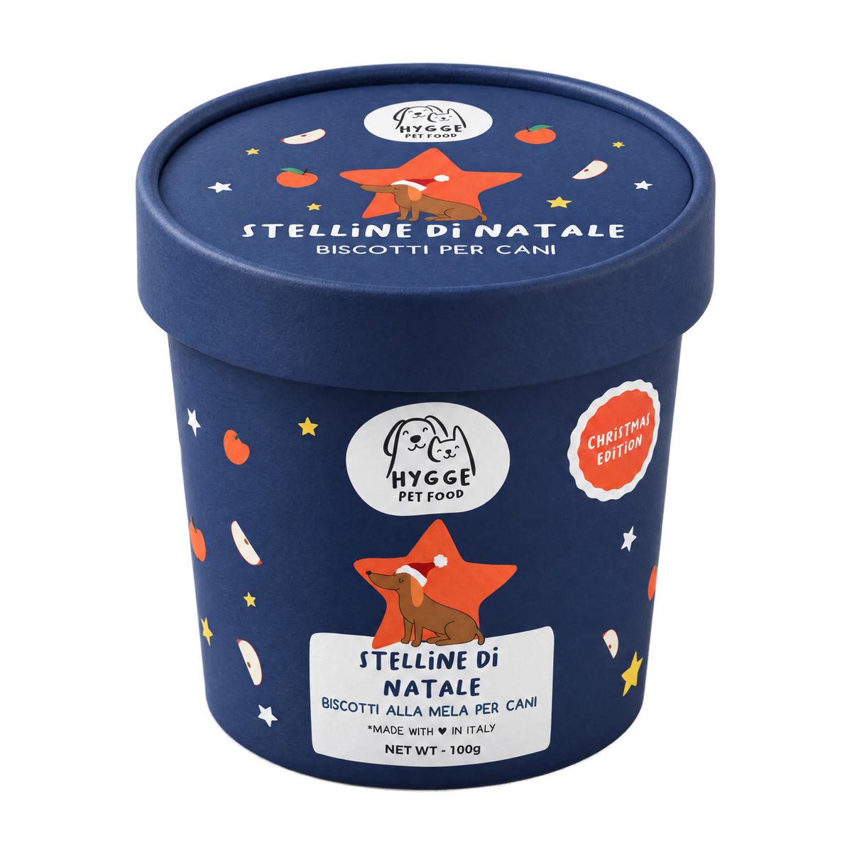 Stelline di Natale Hygge Pet Food, biscotti alla mela per cani nel barattolo di carta da 100 g